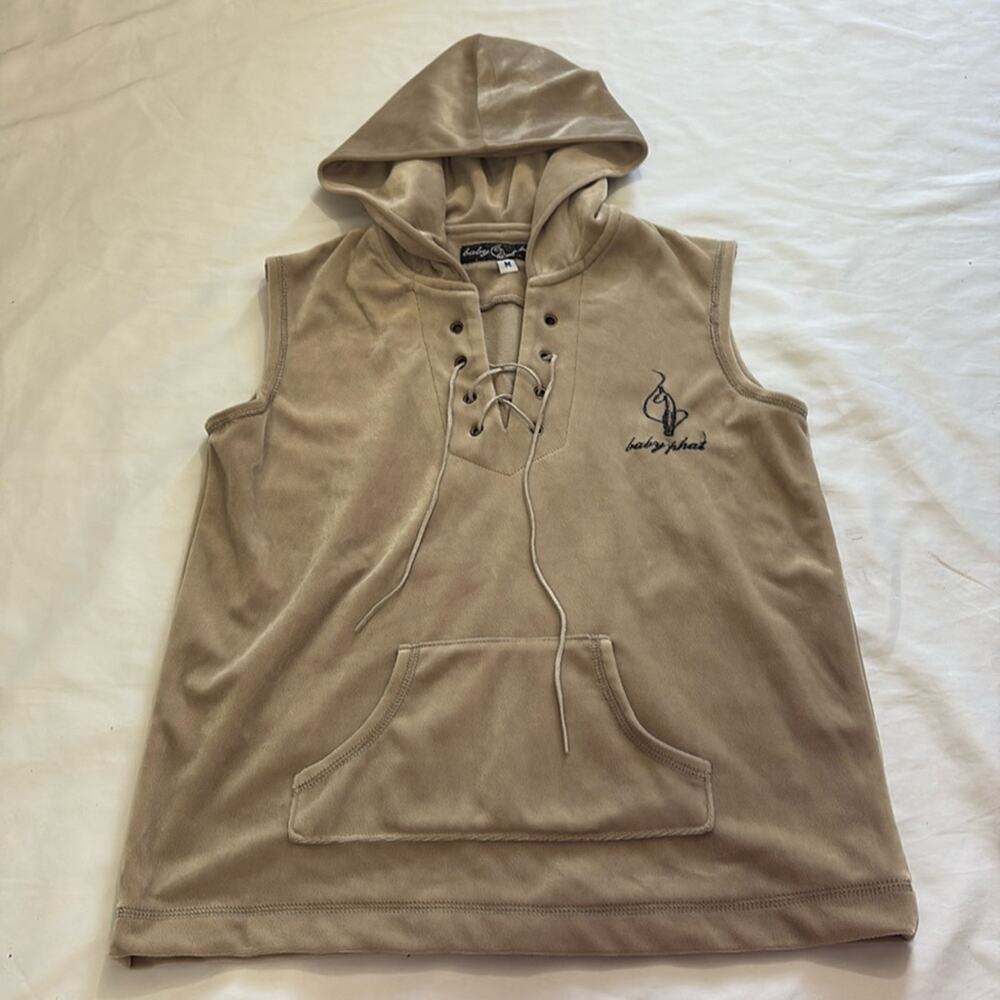 Baby Phat Womens Medium Vintage Y2k Velour Hooded Sleeveless Top Mcbling Hip Hop
